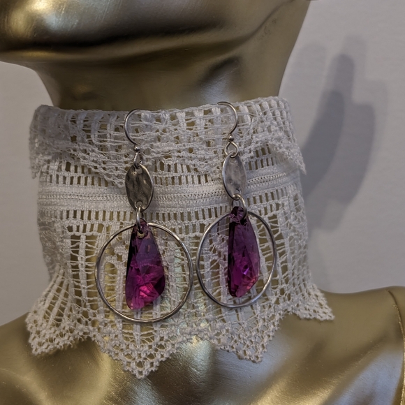 Sterling Silver Fushia Pink Crystal Earrings, Formal Dangle Earrings - Picture 2 of 4